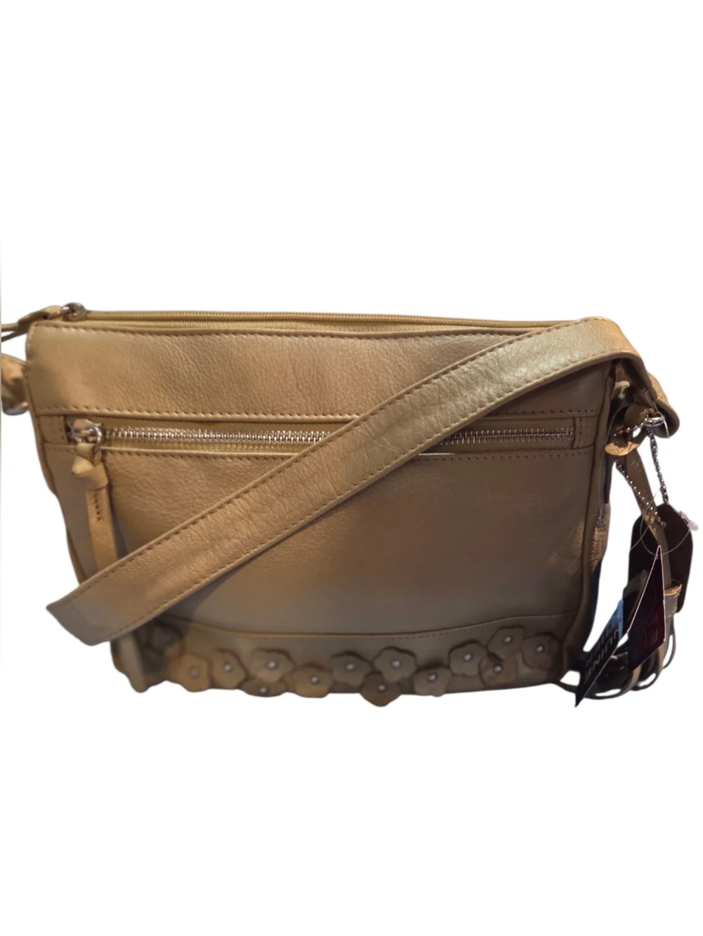 Great American Leather - NEW Shimmery Beige Leather Crossbody Bag Floral Studded - Picture 3 of 13